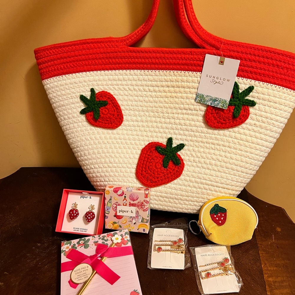 Bundle-Strawberry Tote Bag, K Piper Earrings, Stationery, Coin purse, Hairclips